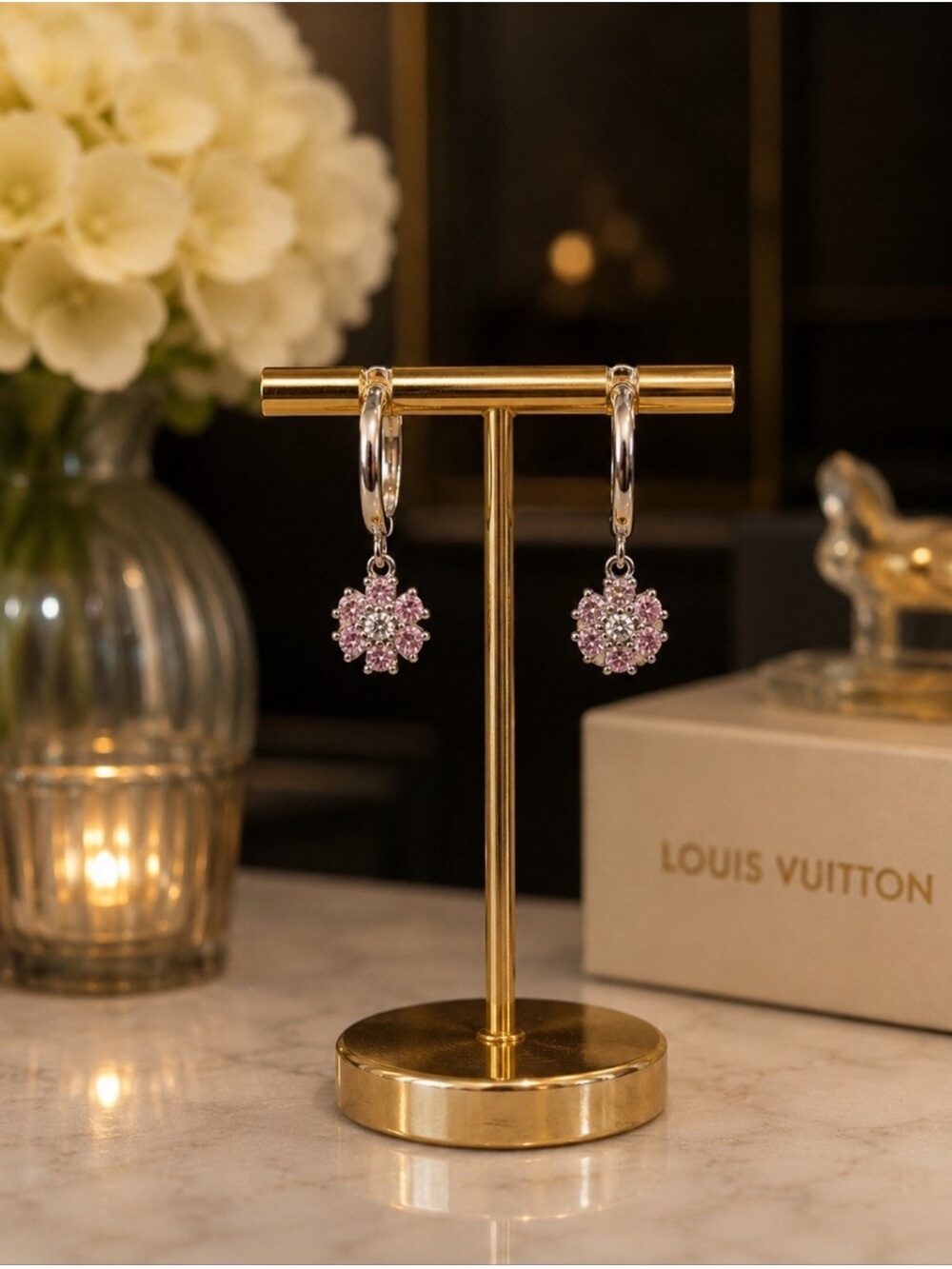 Pink Crystal Flower Drop Hoop Earrings